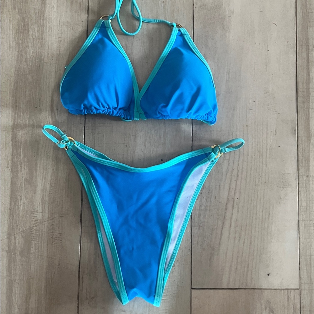 Vibrant Blue Two-Piece Triangle Bikini with Aqua Trim
